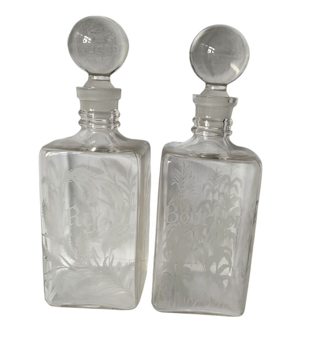 2 Vintage Etched Glass Decanters Thistle Rye Bourbon Bar BOTTLES STOPPERS SET